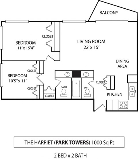 The Harriet Floorplan at Park Towers, St. Louis Park, MN, 55416 2  Bed   1.5  Bath   1,000 Sq. Ft.